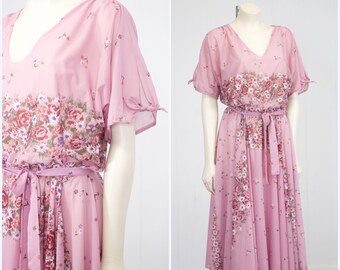 romantic 70s dress sheer purple flower meadow handkerchief boho semi transparent nylon antique vintage nouveau style size medium