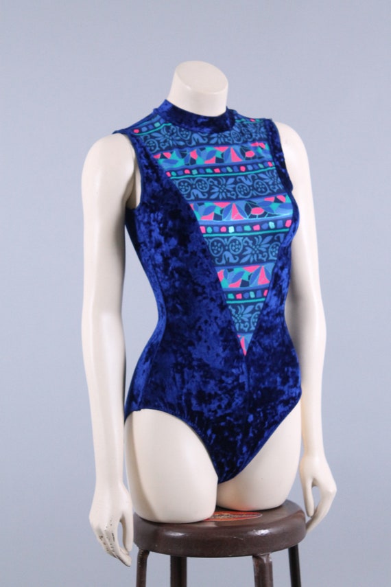 vintage 90s velvet bodysuit one piece blue + neon… - image 4