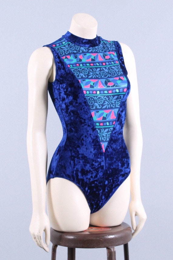 vintage 90s velvet bodysuit one piece blue + neon… - image 8