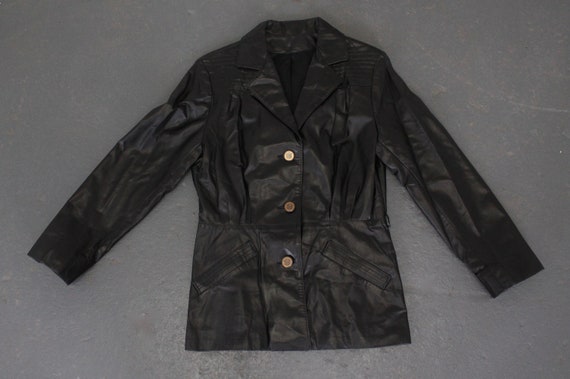 vintage leather spy coat black fitted jacket bras… - image 9