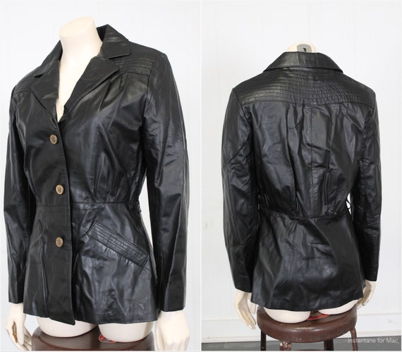 vintage leather spy coat black fitted jacket bras… - image 1