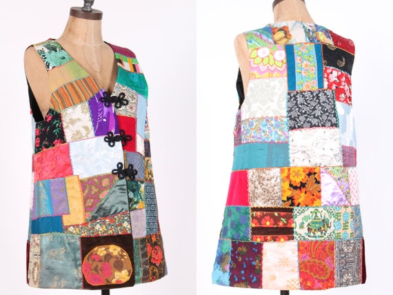 1970s patchwork + embroidered vest crazy quilt mi… - image 1