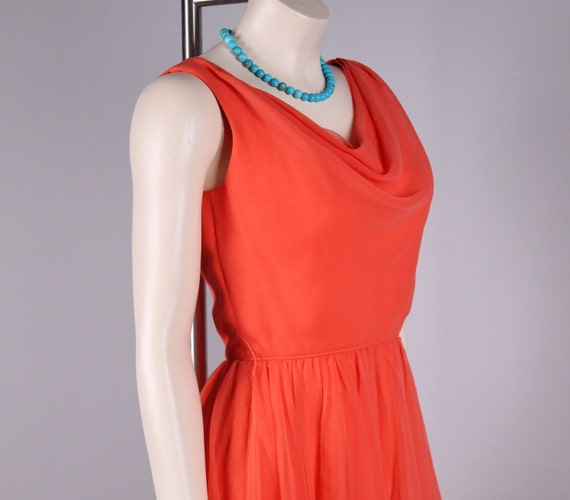 vintage 1960s coral silk chiffon party dress drap… - image 3