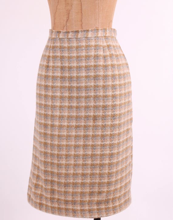 fitted plaid wool pencil skirt 1950s vintage tan … - image 2