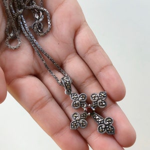 sterling silver cross pendant necklace vintage gothic garnet marcasite long chain religious crucifix jewelry image 3
