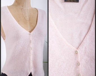 vintage sweater vest 1970s/80s pink fuzzy knit pearl button fitted jumper top shirt blouse size small Kate Collins