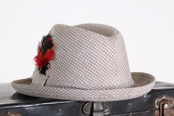 vintage 1960s fedora hat light tan plaid with red… - image 4