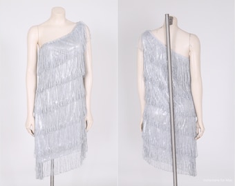 silver metallic flapper dress sequin + metallic fringe vintage 1920s style gown wedding art deco party size large