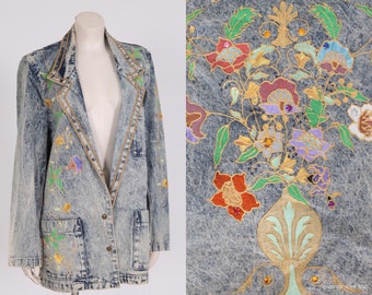 vintage hand painted acid wash jean jacket blue denim blazer glitter paint art nouveau flower 1980s 1990s midi coat size M