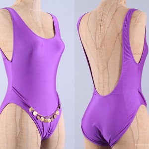 vintage années 1980/90 maillot de bain violet maillot de bain body suit pièce d’or chaîne ceinture une pièce flash dance taille XS SM