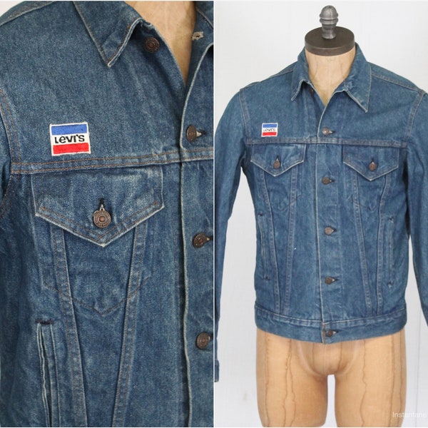 Levis jean jacket stonewash dark blue Levi Strauss denim brass button front vintage 1980s 4 pocket 40L Medium