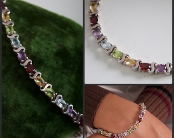 Rainbow Gemstone Sterling Silver bracelet peridot citrine amethyst aquamarine tennis S link vintage antique style semi precious birthstone