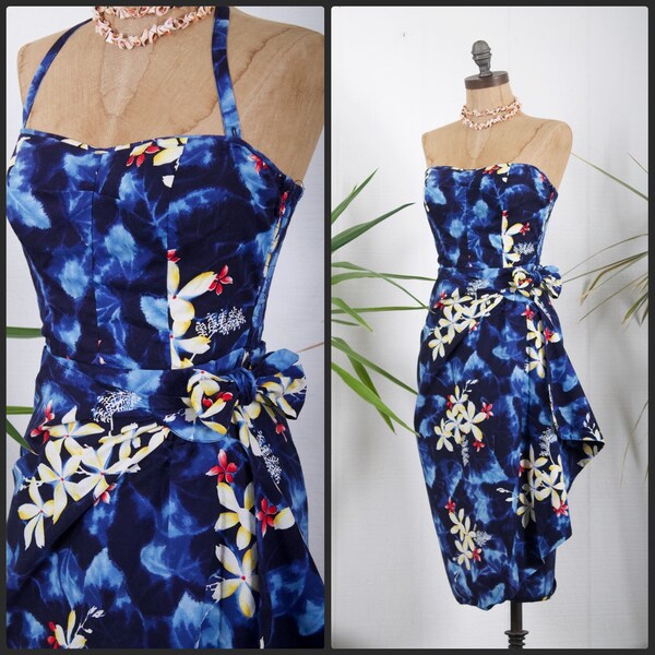 1950's Hawaiian Sarong Dress Kamehameha vintage strapless halter tropical luau beach cruise pin up bombshell