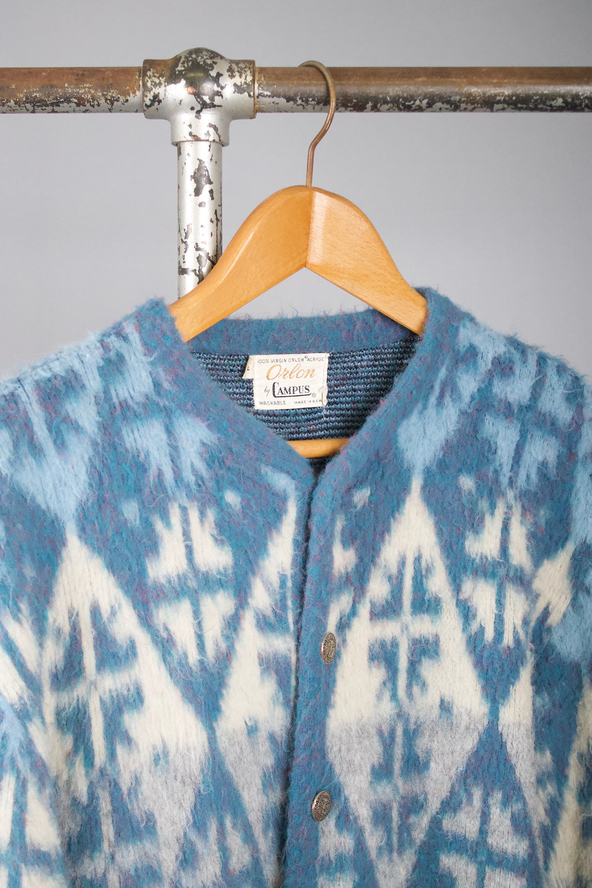 1950s Campus Cardigan Sweater Blue Geometric Printed Fuzzy Mohair 