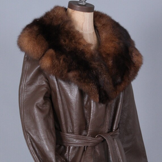 vintage brown leather & plush fur collar trench c… - image 3