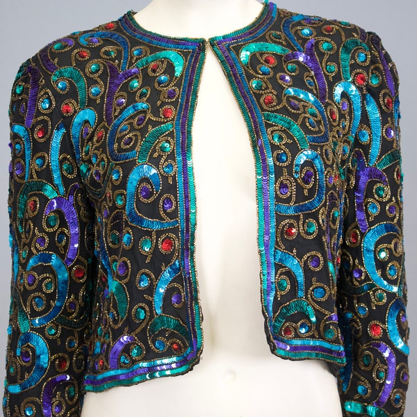 vintage sequin + silk evening trophy jacket blouse top jewel tone shirt 1980s party size small medium