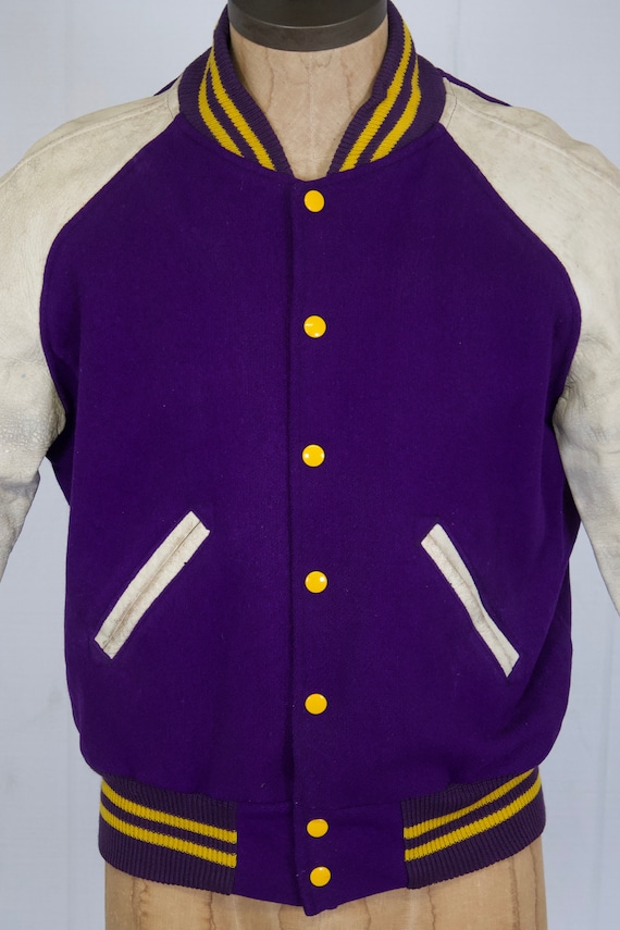 1950s Varsity Jacket Vintage Blank Letterman Coat Purple + Gold