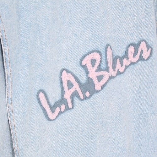 LA Blues jean shops jacket blue stone wash LA GEAR denim embroidered varsity letter button front vintage 1980s 1990s