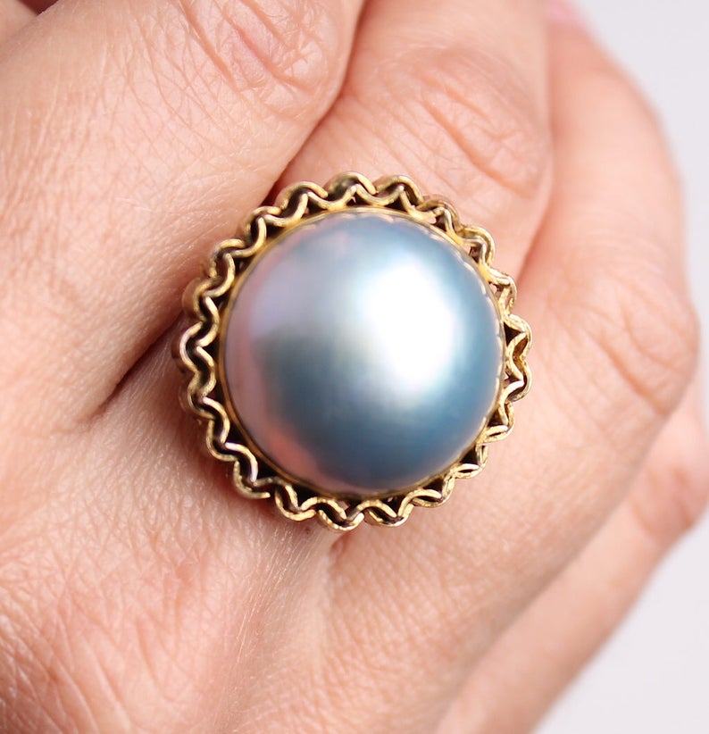 Vintage 14k gold large MABE PEARL cocktail statement ring south sea sz 8.5 image 2