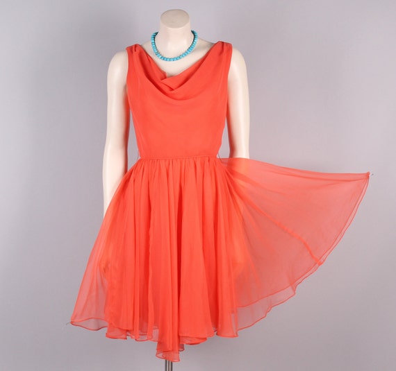 vintage 1960s coral silk chiffon party dress drap… - image 5