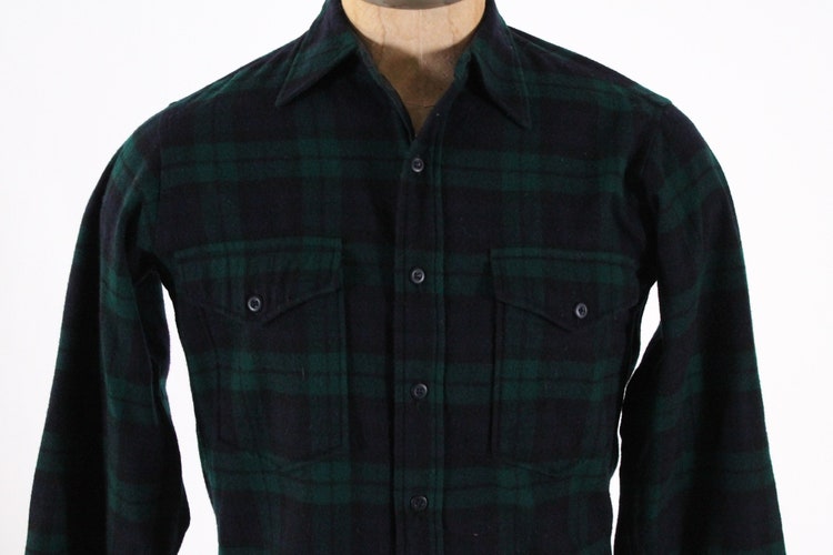 vintage PENDLETON lana plaid pulsante log manica camicia flanella uomo blu e verde caccia fattoria Tartan SzM