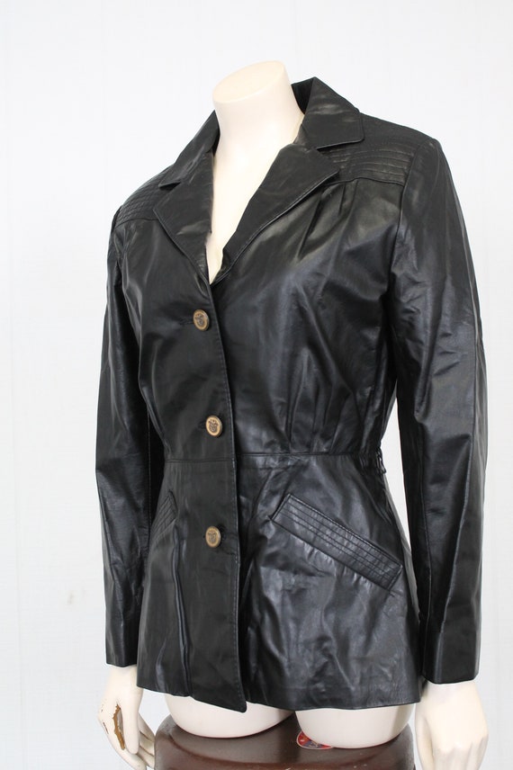 vintage leather spy coat black fitted jacket bras… - image 3