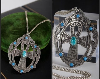 vintage egyptian Ankh necklace engraved pendant blue faience scarab stone silver chain 1960s 1970s jewelry