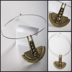 vintage bronze necklace modernist pendant silver wire collar 1960s 1970s boho mid century modern jewelry