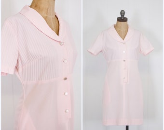 vintage pink uniform 1950s 1960s waitress nurse candy striper lunch lady nylon pique fitted sheer pearl button front size small