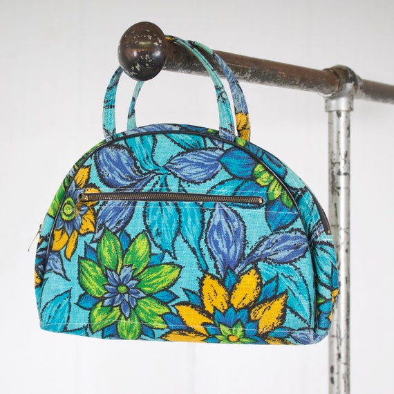 1960s floral mod purse turquoise bark cloth flowe… - image 3