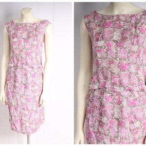 vintage 1950s dress set pink watercolor print blouse + pencil skirt set size xs/small