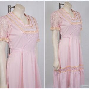 pink satin ribbon + lace dress vintage 1970s prairie tied waist cottage core size small