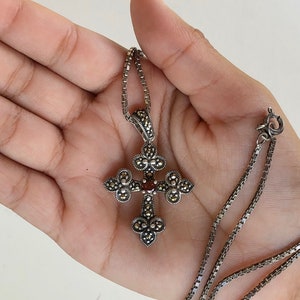 sterling silver cross pendant necklace vintage gothic garnet marcasite long chain religious crucifix jewelry image 5