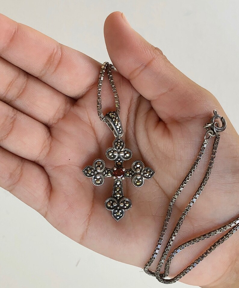sterling silver cross pendant necklace vintage gothic garnet marcasite long chain religious crucifix jewelry image 5
