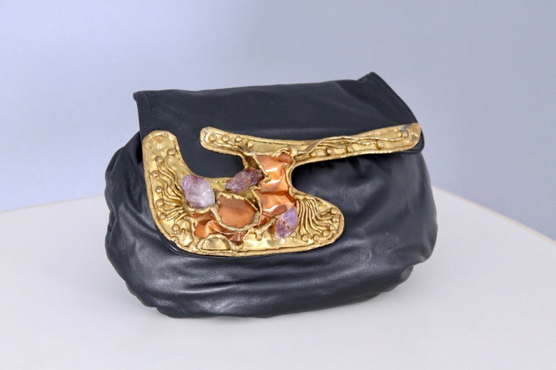 Vintage Carvalhu Copa Collection Purse Amethyst Brass + Copper Rio Brazil 1970s brutalist black leather slouch order crossbody shoulder bag boho