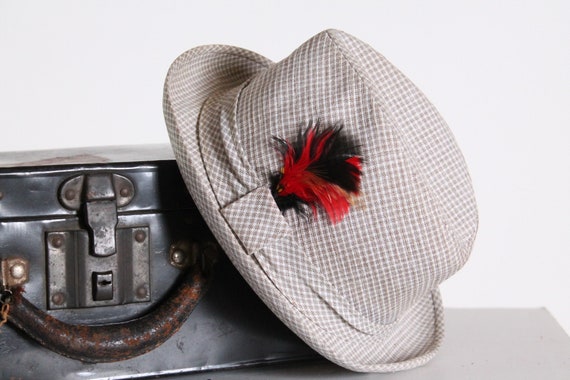 vintage 1960s fedora hat light tan plaid with red… - image 3