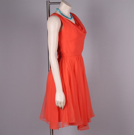 vintage 1960s coral silk chiffon party dress drap… - image 4