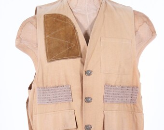 vintage hunting vest 1950s 1960s duck cloth leather rifle outdoorsman sportsman hiking country farm Medium