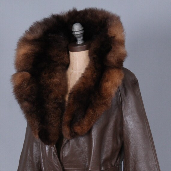 vintage brown leather & plush fur collar trench c… - image 7