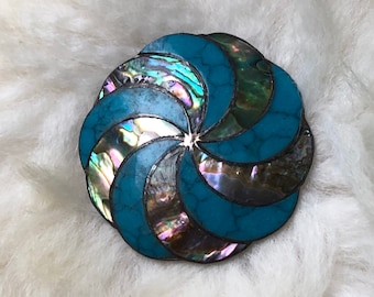 Mexican Silver brooch turquoise + abalone inlaid pinwheel sterling pin pendant 1940s