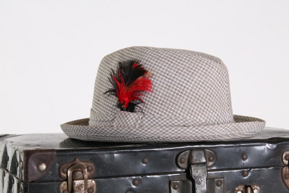 vintage 1960s fedora hat light tan plaid with red… - image 2