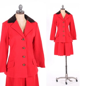 Vintage 1960er Jahre Junior Akzent 2 Stück Anzug rote Wolle Kleid Rock Blazer Jacke Set