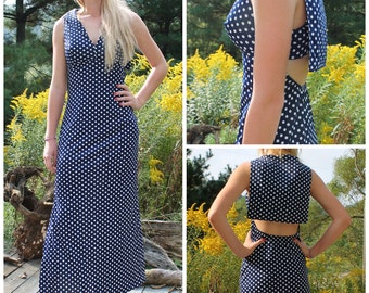 vintage 1970s polka dot Jack Hartley sailor girl halter dress navy blue & white maxi dress size small