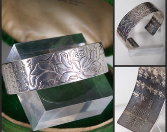Grabado plata fina Lotus Cuff pulsera budista chino modernista minimalista boda vintage buena suerte prosperidad joyería esterlina 990