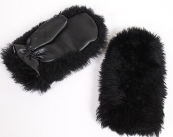 black plush FUR mittens REAL shearling lamb fuzzy + furry winter gloves vintage 1950s 1960s fleece lined super soft