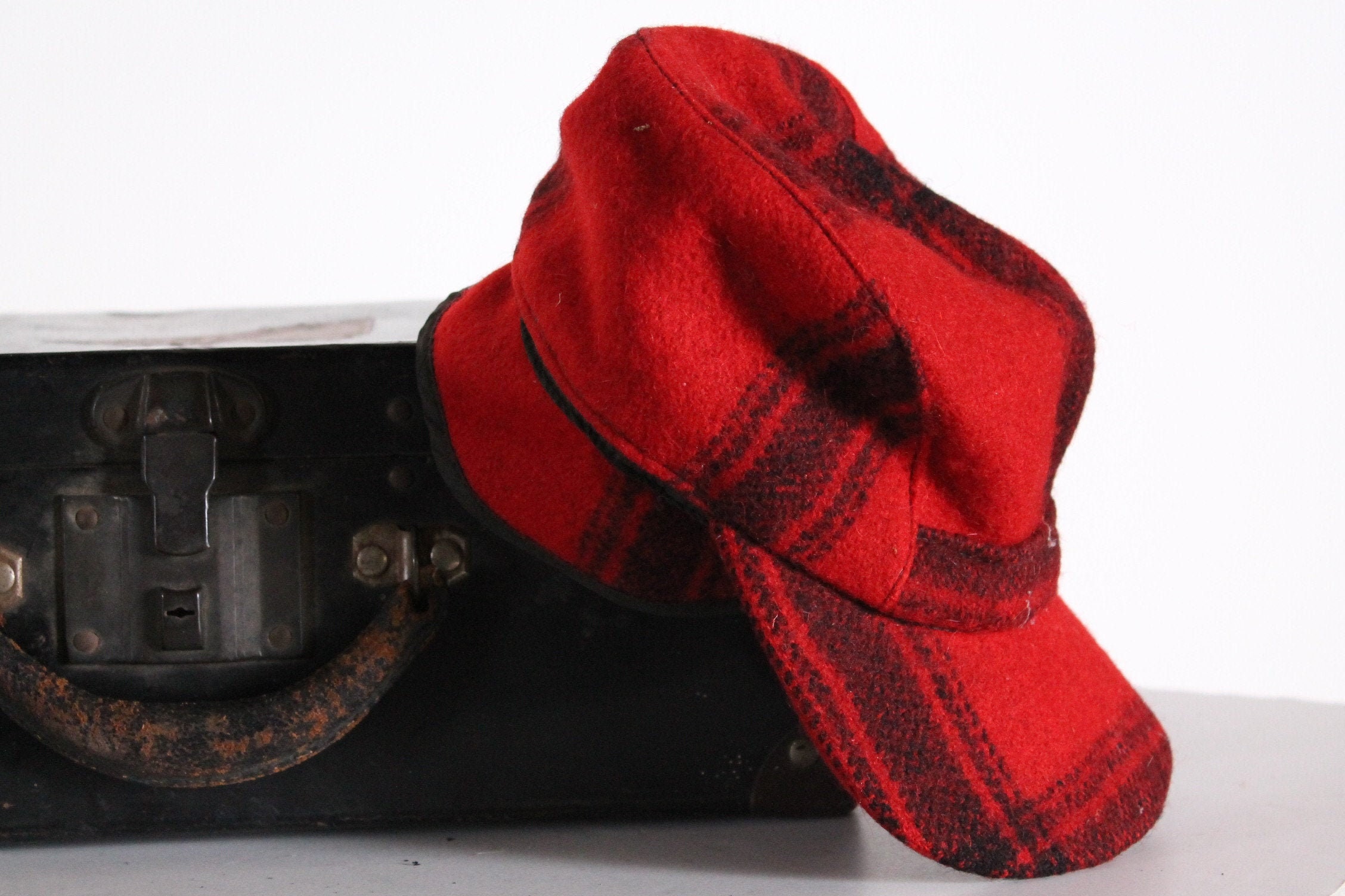 1920s30s JC Penney Red and Black Checkered Corduroy Hunting Cap with Ear Flaps