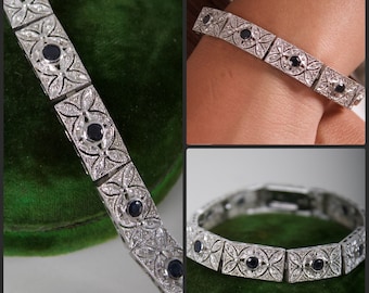 Sapphire + Sterling Silver Filigree Panel Bracelet vintage antique art deco style