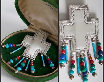 Navajo Sterling Cross Brooch Native American silver concho turquoise malachite bead vintage southwestern pin