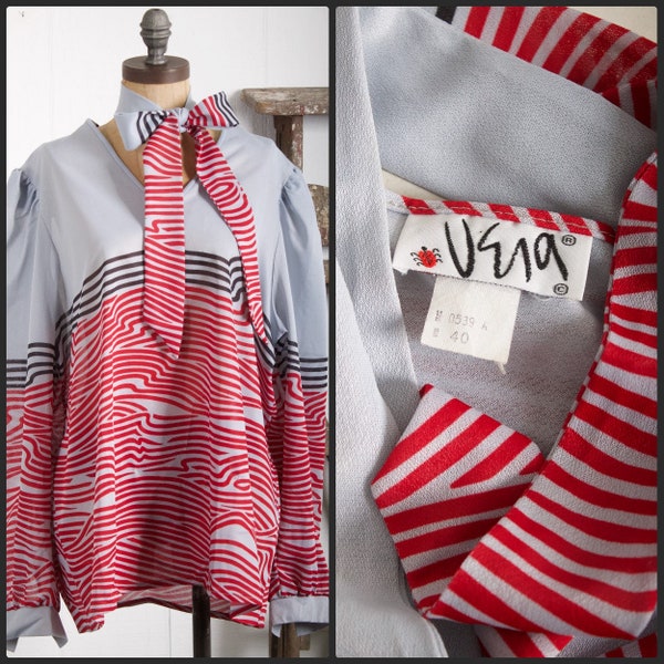 Vintage VERA blouse smoke gray belted tunic 1970s 1980s black + red cigarette swirl design top size 40 Vera Neumann