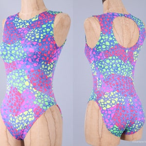 vintage 90s neon leopard body suit leotard keyhole back Y2k party pink blue lime green one piece gymnastics dance size XS SM